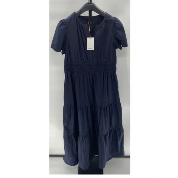 Quince Womens 100% Organic Cotton Poplin Tiered Maxi Dress Navy Basic Sleeved - Picture 3 of 3